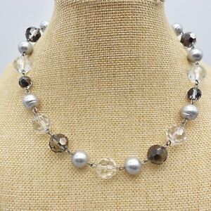 White House Black Market Necklace Gray Clear Beaded Silver Tone Costume Jewelry
