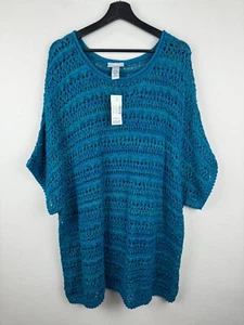 Catherines Sweater Top Womens Size 3X Blue Short Sleeve Open Knit Oversized NWT - Picture 1 of 10