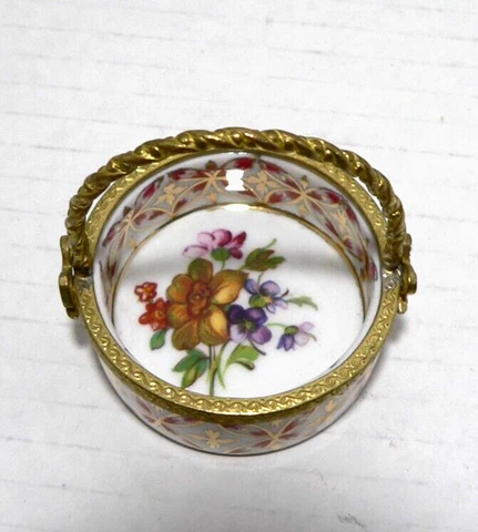 Vintage Porcelain Miniature Flower Basket with Hand Painted Floral Design Cover