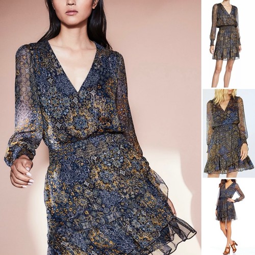 MICHAEL KORS Falso Wrap Georgette Mini Abito Donna 0X Mega Stampa Patchwork