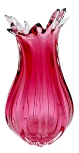 Vintage 10 Point Stretch Bohemian Czech Chribska Cranberry Pink Handblown Vase - Picture 1 of 7