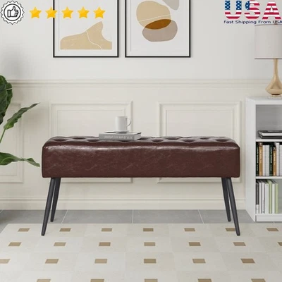 Modern Faux Leather Upholstered Bench W/ Tapered Metal Legs Entryway Couch New - Image 1 of 4