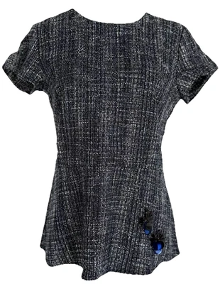 Banana Republic Womens Size 10 Top Tweed Beaded Navy Blue Short Sleeve Classic - Image 1 of 4