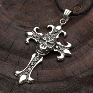 Anhänger Silber 925 Kreuz Totenkopf Skull Zirkonia schwarz 7,1 cm x 3,9 cm - Bild 1 von 6