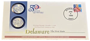 DELAWARE The 1st State, US Mint Official Commemorative Double Coin Cover 1/4/99D - Picture 1 of 2