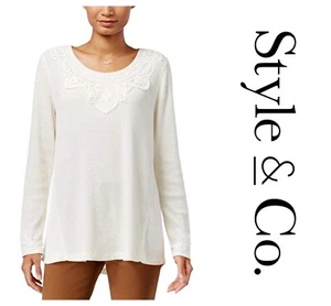 STYLE & CO PETITE BOOH CHIC LACE APPLIQUE COTTON TOP PULLOVER Sz PL NWT $47 - Picture 1 of 2