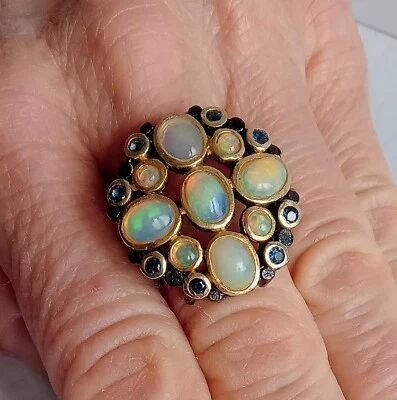 ANELLO IN ARGENTO STERLING 925 BRUNITO CON OPALI DI WELO E TANZANITI NATURALI - Immagine 1 di 4