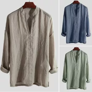 Male Tops Men Shirt Cotton linen Tops Retro Fashion Solid Casual Shirt - Picture 1 of 17