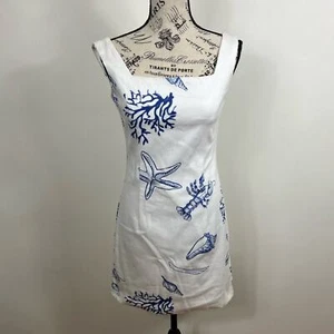 Launch Square neck wide strap white and blue sea themed bodycon mini dress - Picture 1 of 7