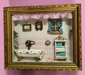Victorian 3D Mini Dollhouse Shadow Box Powder Room Bathroom Pink Teal Wood Frame - Picture 1 of 11