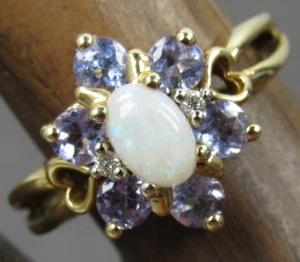 CID 14K Yellow Gold White Opal Tanzanite & Diamond Size 5.5 Ring - Picture 1 of 22