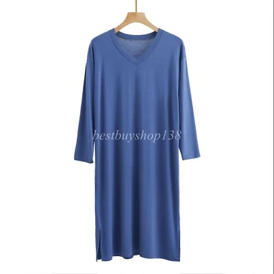 Men Modal Nightshirt Long Sleeve Nightwear V Neck Loose Nightgown Pajamas L-3XL - Изображение 1 из 4