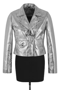 Women's Brando Metallic Foil Silver Slim-fit Biker Leather Jacket Emma Watson - Picture 1 of 6