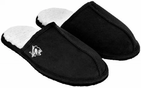 NEW! PITTSBURGH PENGUINS SUEDE SLIDE SLIPPERS MENS LICENSED Cover