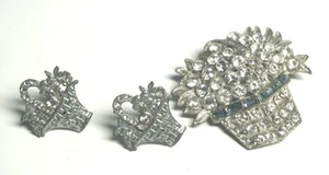VTG 1930-40's Rhinestone FLOWER Basket Brooch & Screw Earrings-Silver Pot Metal - Picture 1 of 7