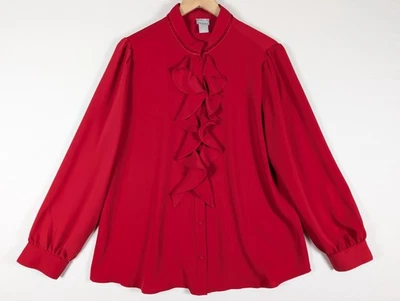 Blusa Chico’s para mujer roja con volantes delanteros cuello satinado manga larga talla 12/14 Foto 1 de 4