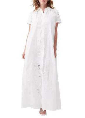 NWT Trina Turk Women’s Kon Tiki White Embroidered Eyelet Maxi Shirt Dress Size S - Image 1 of 4