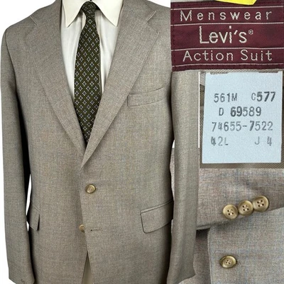 Винтажный Levi's действие костюм Blazer бежевый светло-синий чек 40L * 42L - Изображение 1 из 4