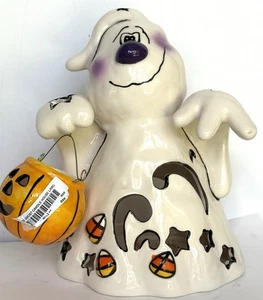 Ghost w/pumpkin Tea Light Candle Holder Ceramic Halloween Blue Sky 8.5” T - Picture 1 of 7