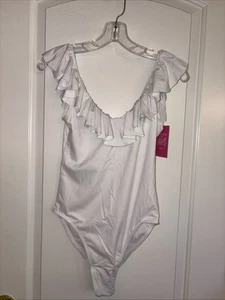 Liberty & Justice Mariama White High Leg Cheeky w/ Ruffle Neckline One Piece M - Picture 1 of 7