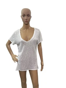 Athleta Damen-T-Shirt Größe LT Kurzarm V-Ausschnitt einfarbig weiß - Bild 1 von 5