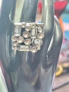 Vintage Square Silver Tone/Rhinestone Stretchy Statement Tone Ring, size 7-13 - Picture 1 of 6