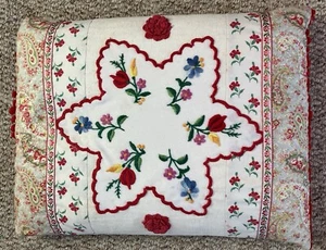Vintage Floral Embroidered Cushion - Red / Pink / Multicoloured - Rectangular - Picture 1 of 8