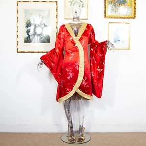 Vintage 1990s Red Satin Midi Floral Kimono Long Sleeves Size S - Picture 1 of 9