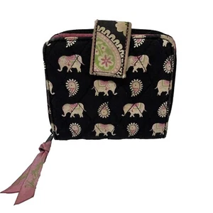 Vera Bradley Pink Elephants Bifold Snap Wallet With Zip Coin Black Pink Retired - Picture 1 of 16