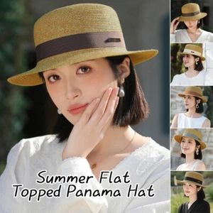 Women's French Flat Topped Panama Straw Hat Travel Seaside Sunshade Hat - Picture 1 of 25