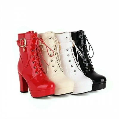 2024 Women‘s High Heel Platform Shiny Patent Leather Ankle Boots Knight Shoes SZ - Image 1 of 4