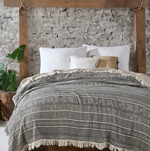 Organic Club Gray 100% Cotton 3-ply Muslin Reversible Throw Bedspread QUEEN - Picture 1 of 6