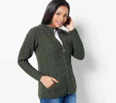 NEW Aran Craft Medium Merino Wool Zip-Front Cardigan in Green QVC 3180 - Image 1 of 4