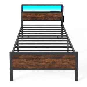 Single Size LED Bed Frame w/ Charging Station Heavy Duty Metal Platform Bed - Picture 1 of 10