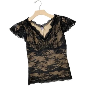 Top de encaje vintage Hanky Panky talla pequeña negro beige años 90 Witchy Whimsigoth - Imagen 1 de 5