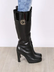 Womens DIOR Heels Boots Black Leather Logo Metal CD Tall Shoes Knee Size 39 - Picture 1 of 14
