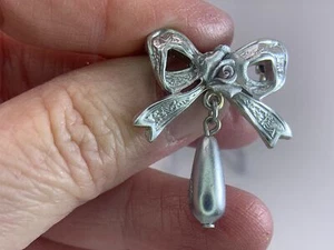 Bow with Rose & Dangle Vintage Silver Brooch Pin M-2387 - Picture 1 of 3