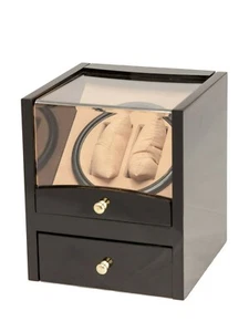 Dual 2 Watch Winder Store 4 Auto Winding Display Cabinet Box Black Wood Glossy - Picture 1 of 3