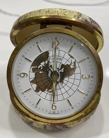 VINTAGE GERMANY  FLORN  Mechanical travel clock in Map Design Leather Case Works Cover