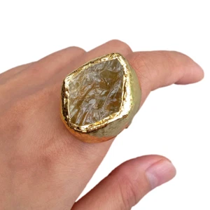 Natural Yellow Lemon Quartz Rough Rings Adjustable Designer Gold Plated Ring - Picture 1 of 6