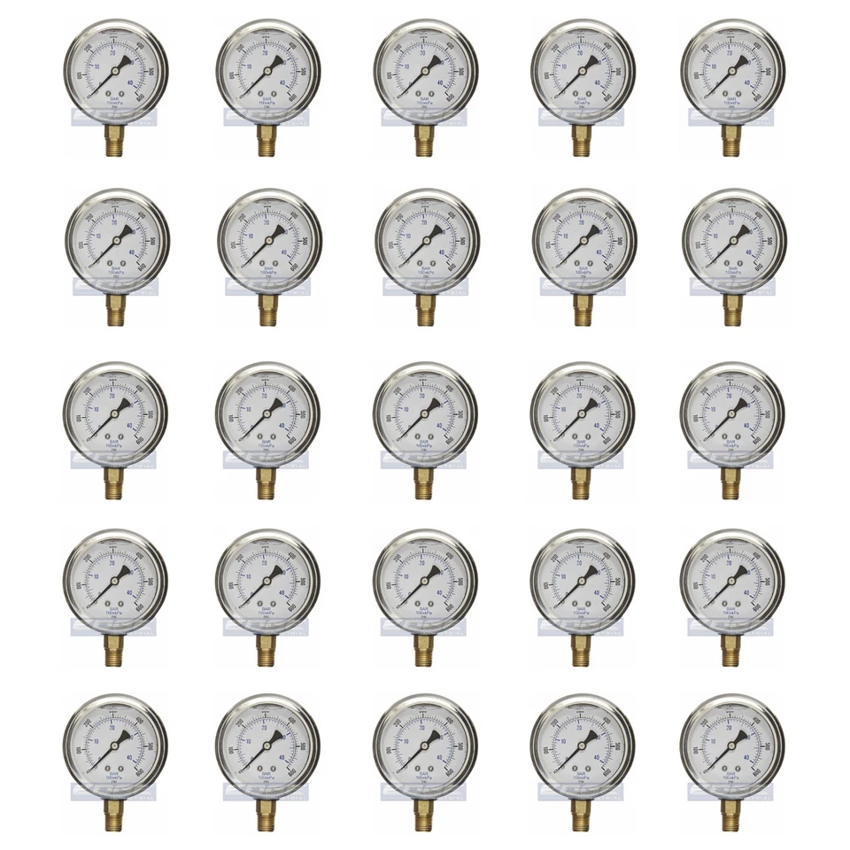 25 PACK LIQUID FILLED PRESSURE GAUGE 0-600 PSI, 2.5" FACE, 1/4" NPT LOWER MOUNT - Image 1 of 4