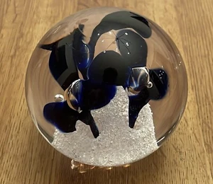 Vintage Art Glass Blue Flower Paperweight Round Orb Globe Sphere 3” - Picture 1 of 6