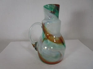 Vintage Art Glass Cruet Green And Amber Swirl Pulled Clear Handle No Stopper 5" - Picture 1 of 12