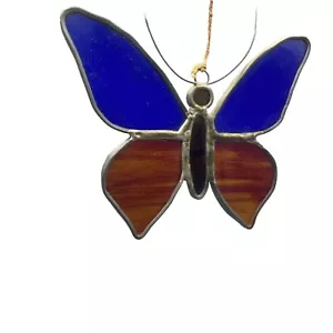 Vintage Butterfly Stained Glass Cobalt Blue Amber Brown Suncatcher Ornament - Picture 1 of 14