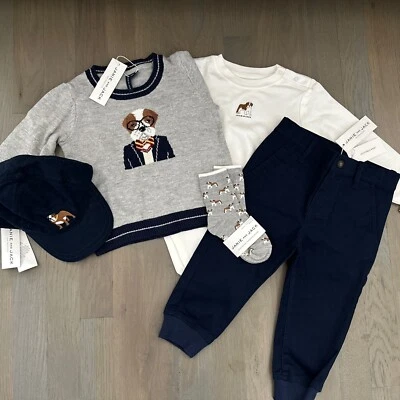 NUEVO CON ETIQUETAS Janie and Jack Niño INVIERNO Gris Marino Perro Suéter Calcetines Sombrero JUEGO DE 5 PIEZAS 18 24 Foto 1 de 4