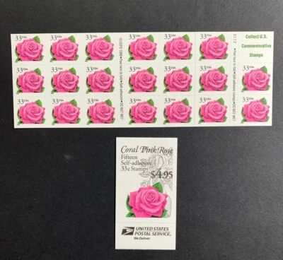 U.S. Stamps 33¢ Pink Rose Booklets (2 Types). SC #3052d (S222) & BK242B (Sealed) - Image 1 of 3