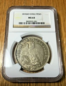 1876 SO Chile Peso MS 64 Santiago silver crown 8 reales SECOND HIGHEST GRADE - Picture 1 of 2