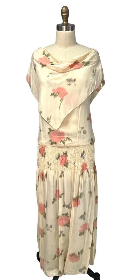 Antique 1920s Silk Tea Dress Watercolor Floral Smocked Waist Wedding Rare Find - Image 1 of 4