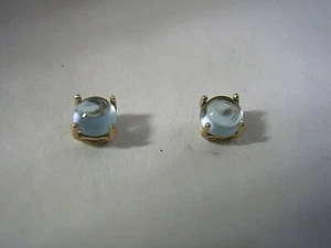 BLUE TOPAZ CABACHON EARRINGS SET IN 10KT YELLOW GOLD 4MM ROUND - Picture 1 of 6