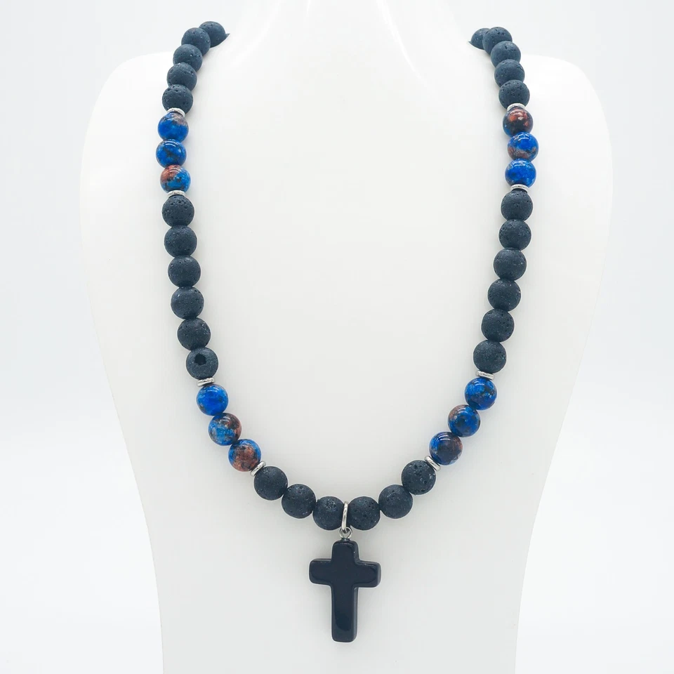Men's Natural Lava Rock Gemstone 20" Necklace - Blue Lapis Cross - Image 1 of 1